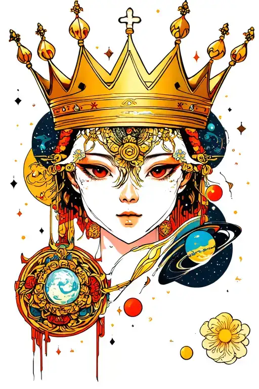 Space Themed Tattoo With Two Crowns In The Foreground