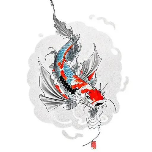 Koi Fish Transforming And A Dragon Intertwined And Surrounded By Water