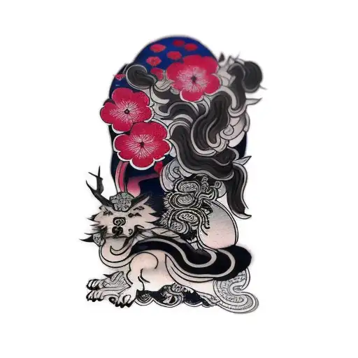 A Japanese Sakura Tree And Shibu Guard Dog