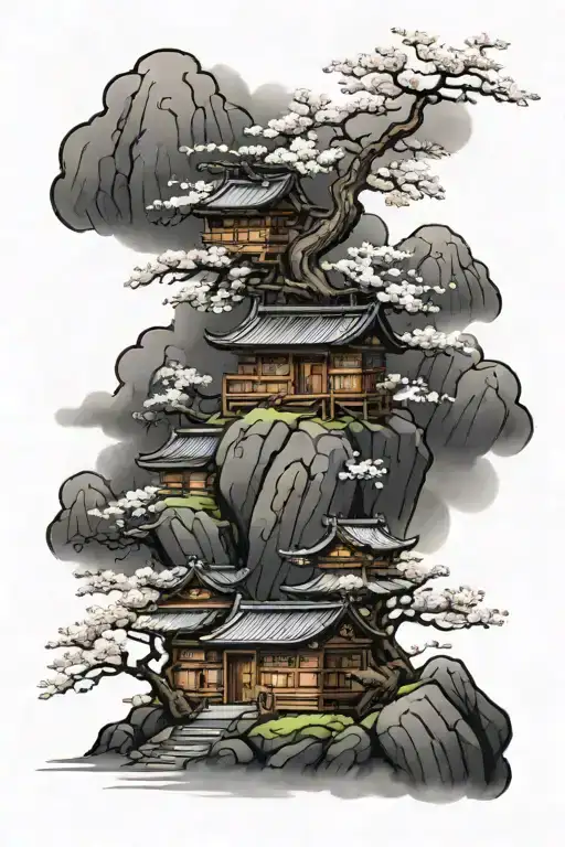 Mountain Village And Cherry Blossom Tree