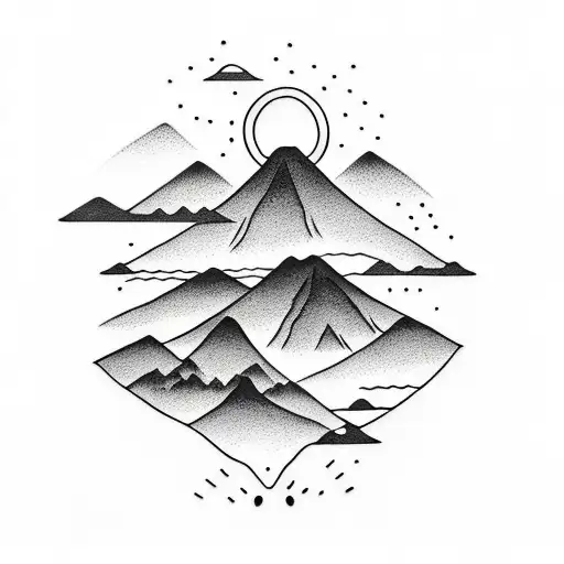 A Minimalist Tattoo Design Of A Silhouette Of A Hiker With A Mountain Range In The Background