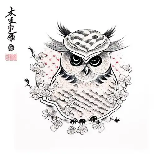 Cherry Blossom And Two Pretty Baby Owl