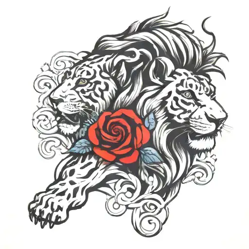 Lions Face And Rose Mixed Together