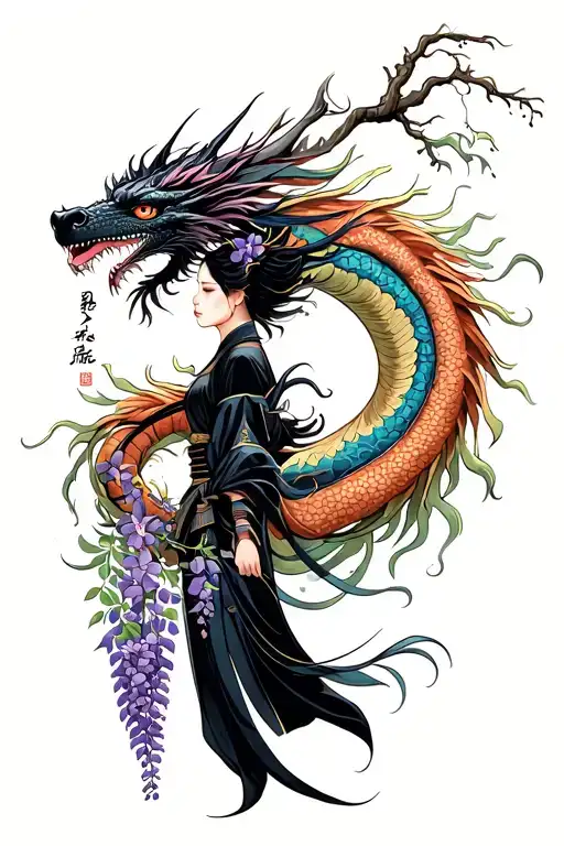 Wisteria Flowers Cascading Down Side Profile Female Ninja Warrior And Dragon