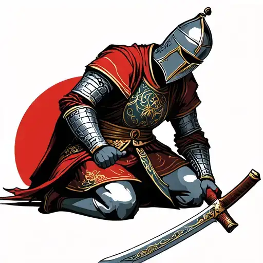 Templar Knight Portrait Kneeling Down With Sword In Front