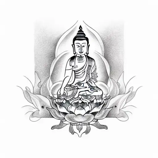 Female Budha Sitting In A Lotus Surrounded By A Big Foo Dog Looking At A Dragon