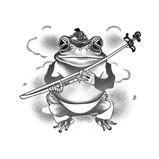 A Samurai Frog Sitting On A Cloud While Smoking A Joint And Playing The Ukulele