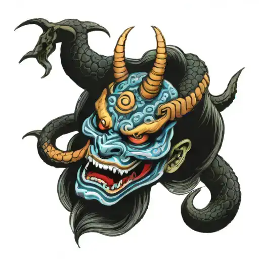 Oni Mask Biting Snake Wrapped