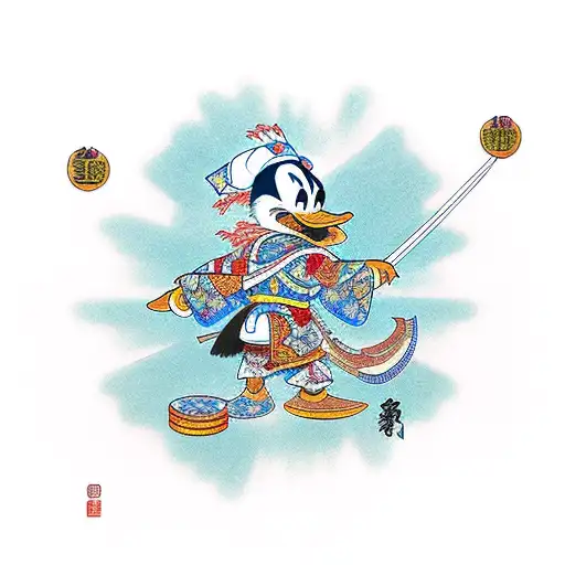 Donald Duck As A Samurai Warrior Standing On A Staircase Of Money