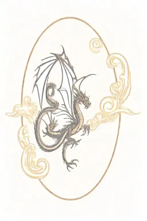 Dragon Flying Together With A Sun In The Background