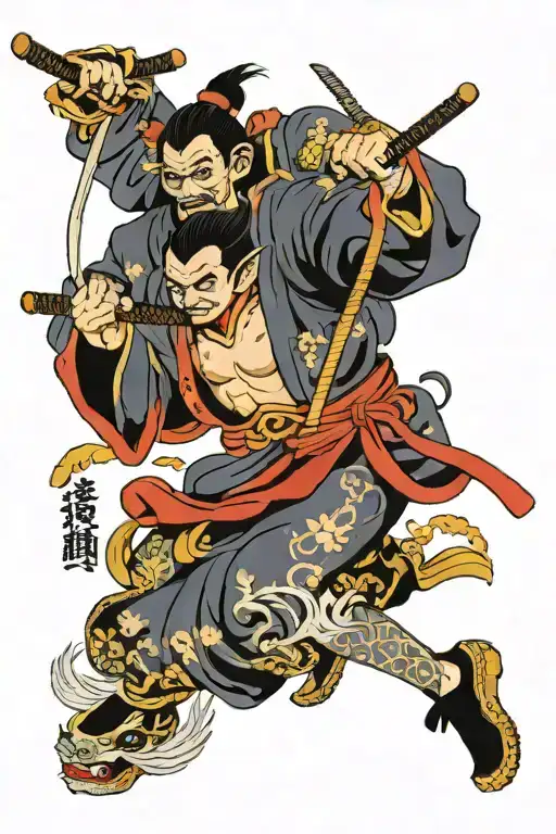 Back Tattoo Of A Ukiyo-e Traditional Japanese Warrior Fighting Yokai