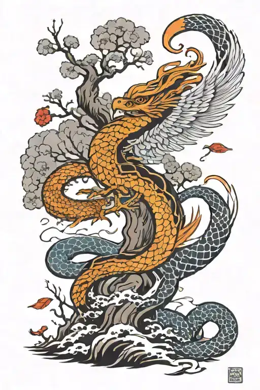 Phoenix Rising And Bonsai Tree And Snake Going