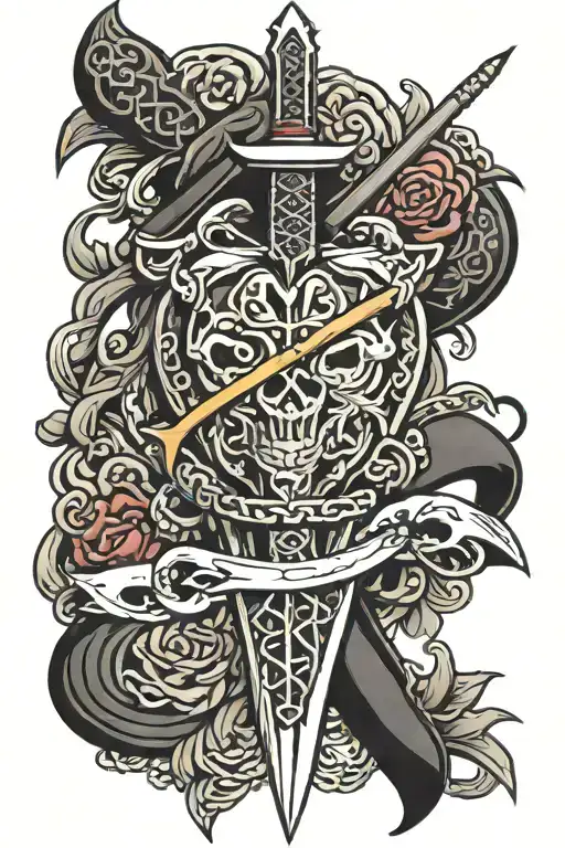 Dagger With Chain Surrounding A Heart Shapped Real