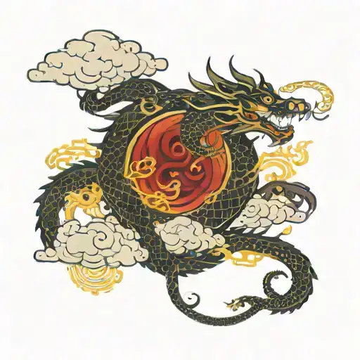 Fierce Black Japanese Dragon In The Clouds With Glowing Gold Chains Shrowding It