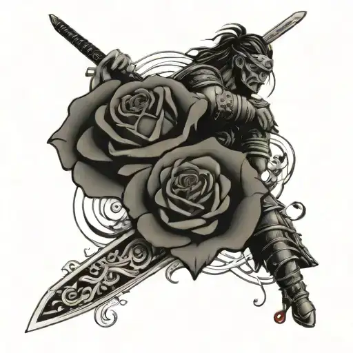 Roses And A Warrior Wielding A Sword Surrounded My Music Notes