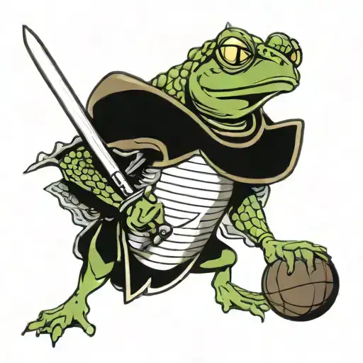 Frog Human Hybrid In Knight Armor Holding A Sword With One Hand And A Basketball In The Other