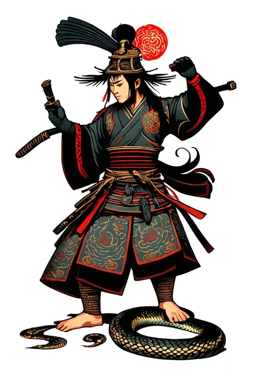 Wounded Samurai At The Form Of A Skirt And A Snake That Crawls On Colors