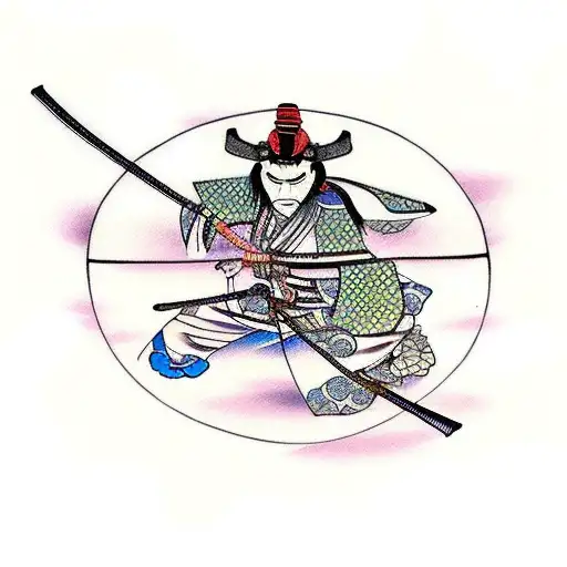 Colored Peaceful Samurai Tattoo For Entire Side Thingh And Hip