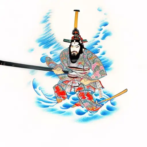 Samurai Slashing Through Tsunami With Coy Fishing Above The Samurai