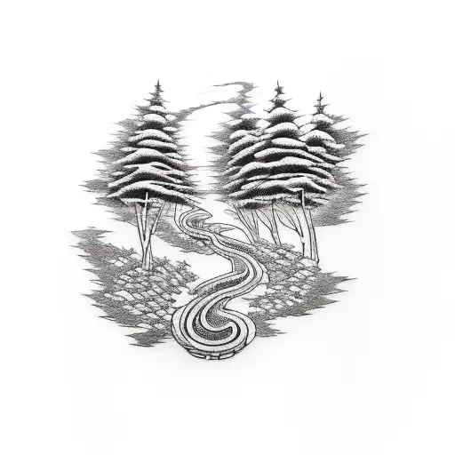 Create A Tattoo Of A Winding Road Through A Forest With A Dog Driving A Vintage Car