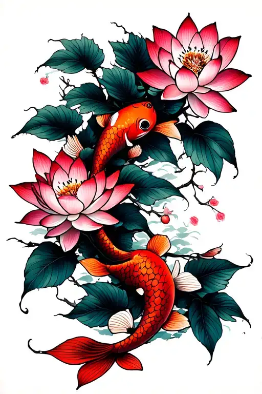 Cherry Blossom Tree With Lotus Blooming Flowers Intertwined With Red And Pink Koi Fish