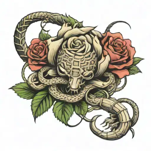 Rose And A Yarn Ball With Hook Intertwined And A Scorpion