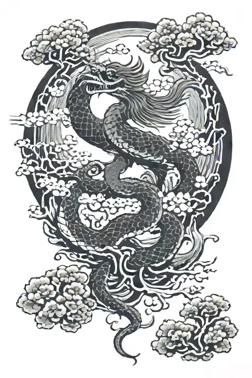 Phoenix Rising Above And Bonsai Tree And Snake Going