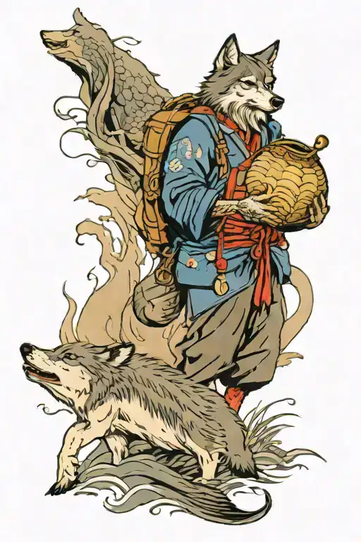 A Wolf With A Fisherman On A Bank
