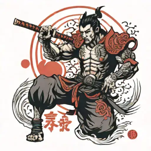 Warrior In Kanji - Red Moon In Background