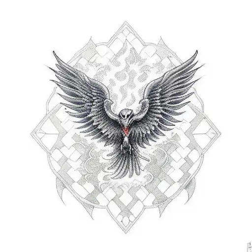 Phoenix With Horizantal Wide Open Wings And Flames And Ashes At The End Of Its Tail