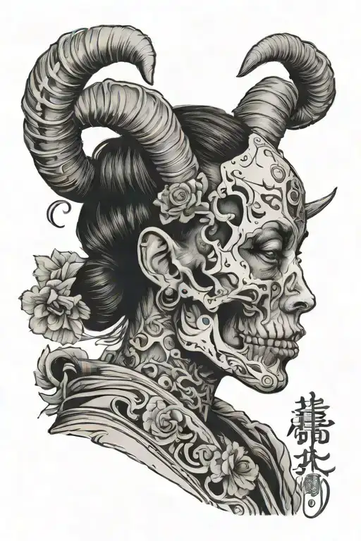 Woman With Goat Skull Side View Camera