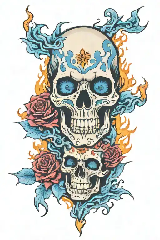 Skulls And Roses On Fire With Blue Flames Coming Out The Eyes