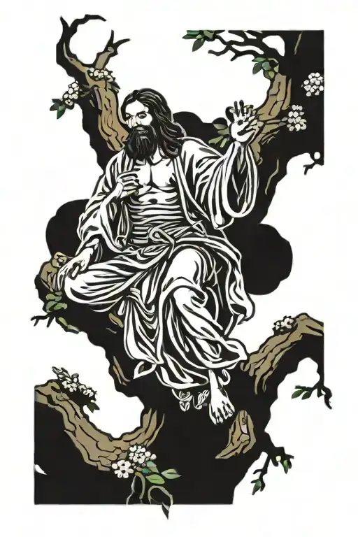 Jesus And Zakeus On The Tree Branches Reaching Towards
