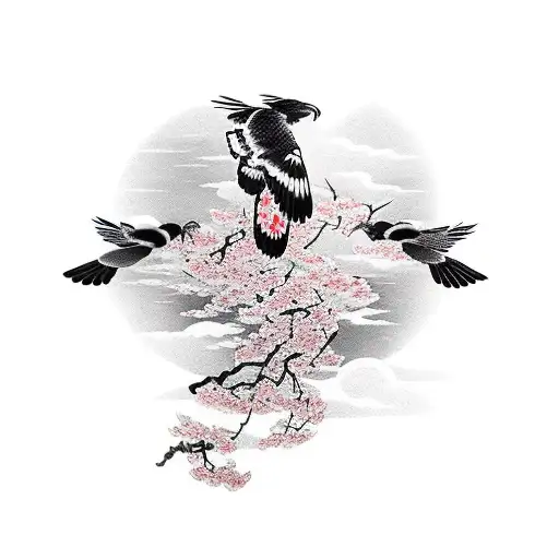 Flying Hawk Silhouette With Cherry Blossoms Forming An Arm Band