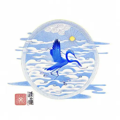 Crane Flying Under A Radiant Sun In Blue Ink