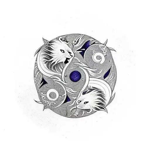 Fox And Cat Circling In Ying-yang Wrapped Around With Western Dragon