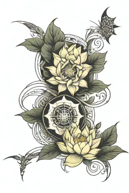White Lotus Flower With Unalome And Compass In A Manly Design And Lighting At The Back