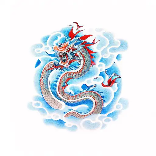 Chinese Dragon Flying Into The Clouds With A Zigzag Motion
