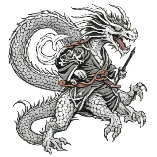 Alien Riding A Dragon And Holding A Samurai Sword
