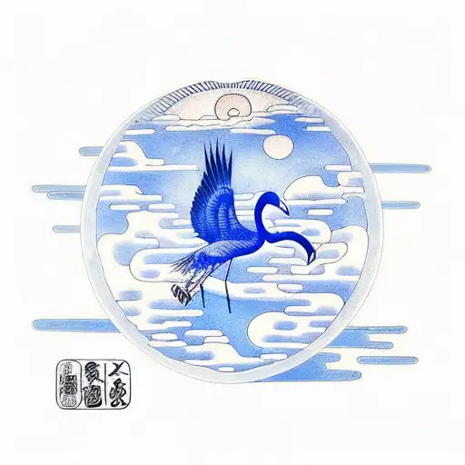 Crane Flying Under A Radiant Sun In Blue Ink