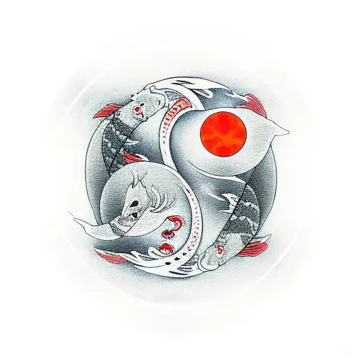 Yin And Yang As Koi's Infront Of A Red Moon