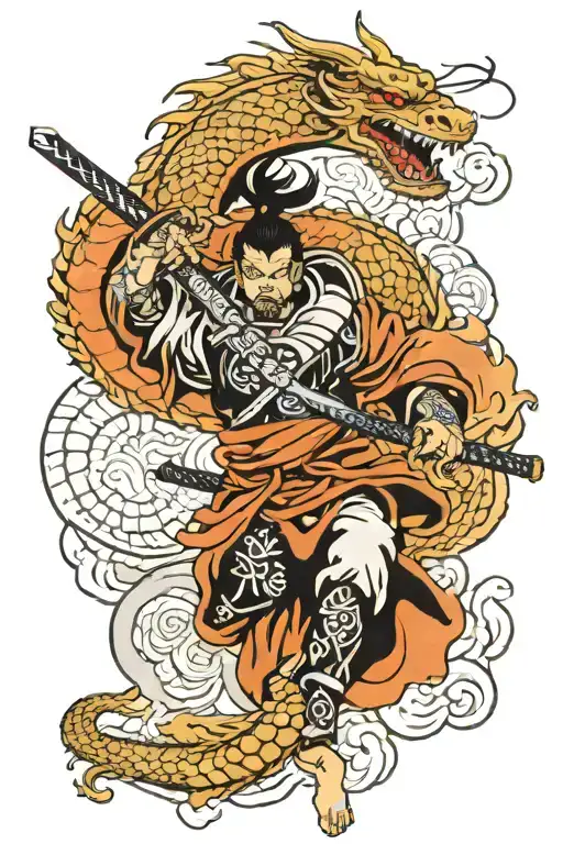 4 Armed Swordsman Tattoo With Dragon