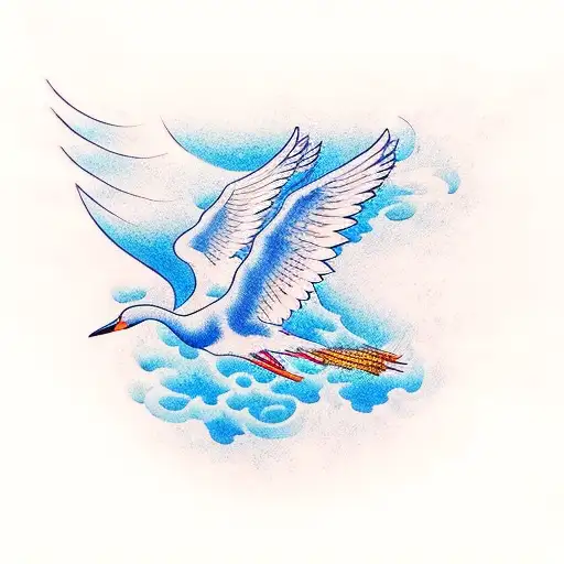 A Realistic Japanese Crane Flying Under A Radiant Sun In Blue Ink