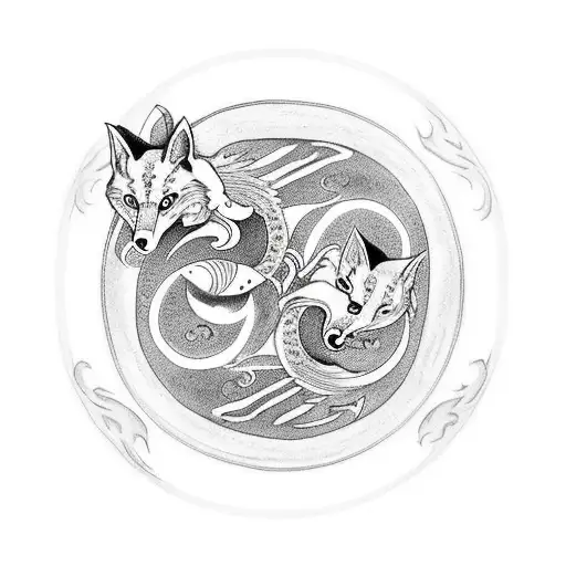 Fox And Cat Dancing In Ying-yang Wrapped Around With Western Dragon