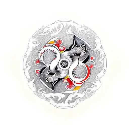 Fox And Cat Circling Like In Ying-yang Sign Wrapped With Western Dragon