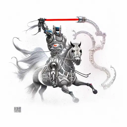 A Futuristic Cyborg Warrior Riding A Mechanical Horse Holding A Laser Sword In Its Left Hand
