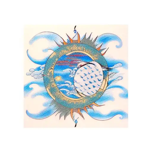 Crane Flying With A Sun In Blue Ink