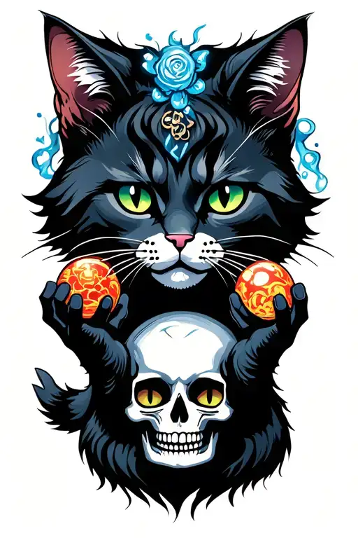 Evil Cat Wizard With Magic Balls In His Hands On The Skull