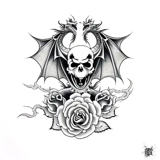 Dragon With Rose And Skull