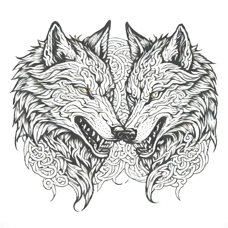 Side Profile Of Two Wolves Snarling At Eachother Face To Face